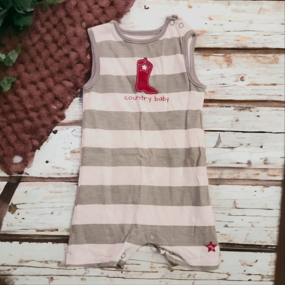 Pavilion We Baby Gray & White Striped Country Baby Sleeveless Onesie Size 6-12M